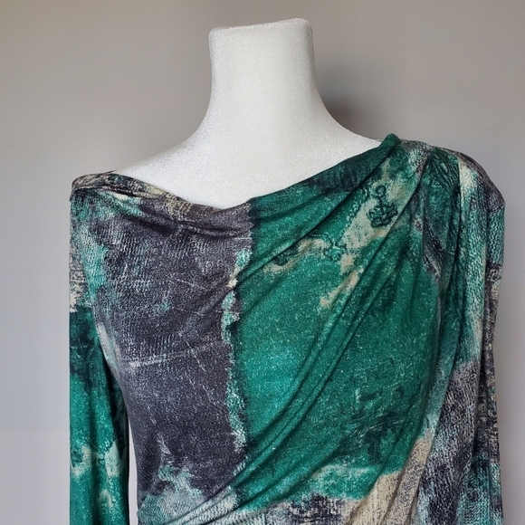 Piazza Sempione Abstract Green Long Sleeve Ruched Modest Designer Dress 42 EU - Picture 5 of 11